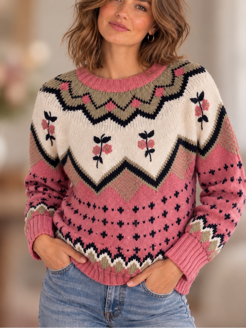 Vintage Sz M Floral Mauve Cream Cotton Knit Sweater Folk Cottagecore Grannycore